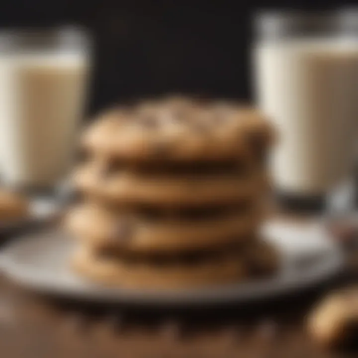 A plate of freshly baked vegan chocolate chip cookies with a glass of plant-based milk