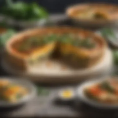 Sliced vegan quiche showcasing layers of ingredients