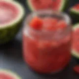 Close-up of vibrant watermelon rind preserves in a glass jar