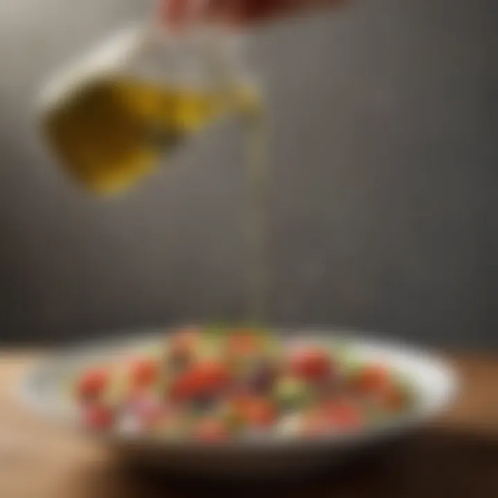 Olive oil drizzling over a bowl of Greek salad ingredients