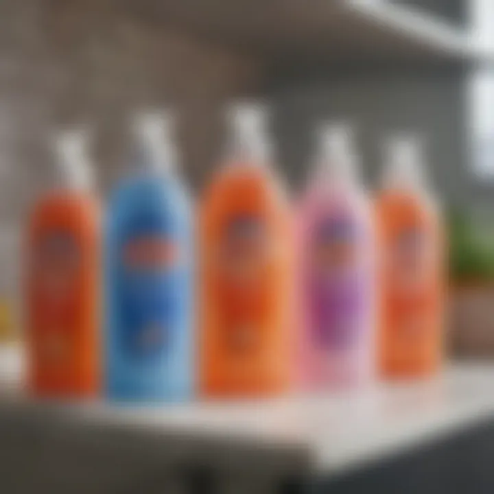 A variety of fragrant fabric softeners displayed on a shelf