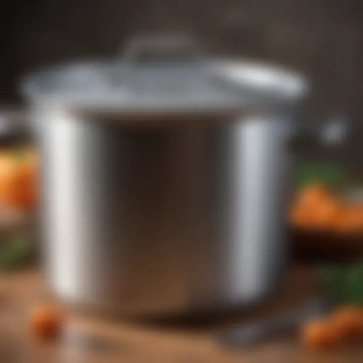 Close-up of stock pot features such as lid and handles