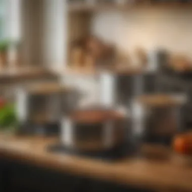 A well-organized kitchen display with stock pots