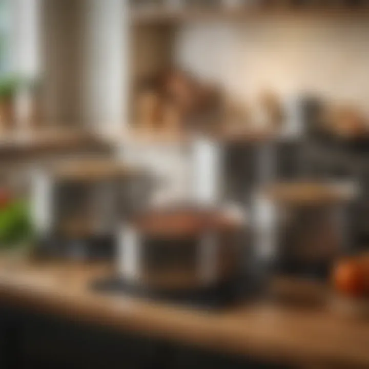 A well-organized kitchen display with stock pots