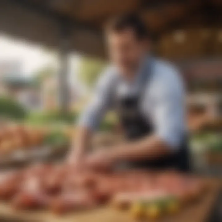 Fresh produce and bacon at a lively farmers' market