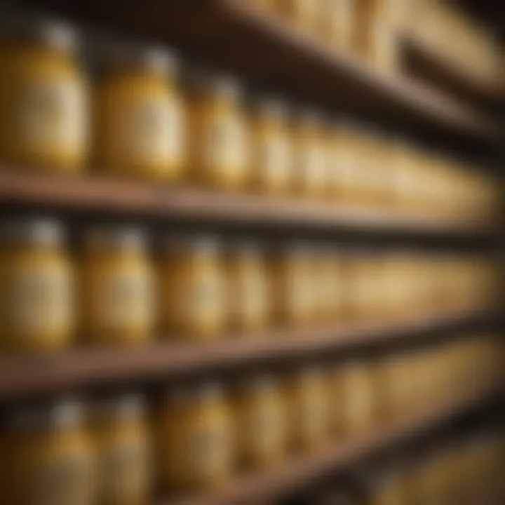 An array of ghee butter jars displayed on a market shelf