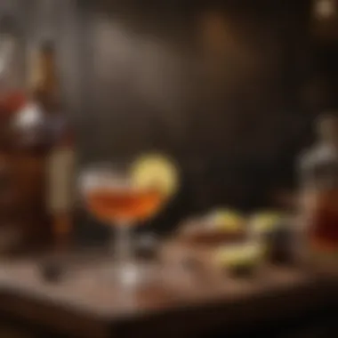 A stylish bar setup showcasing whiskey and cocktail tools