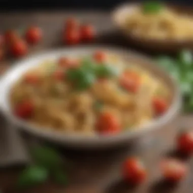 A bowl of whole wheat pasta garnished with fresh basil and cherry tomatoes.